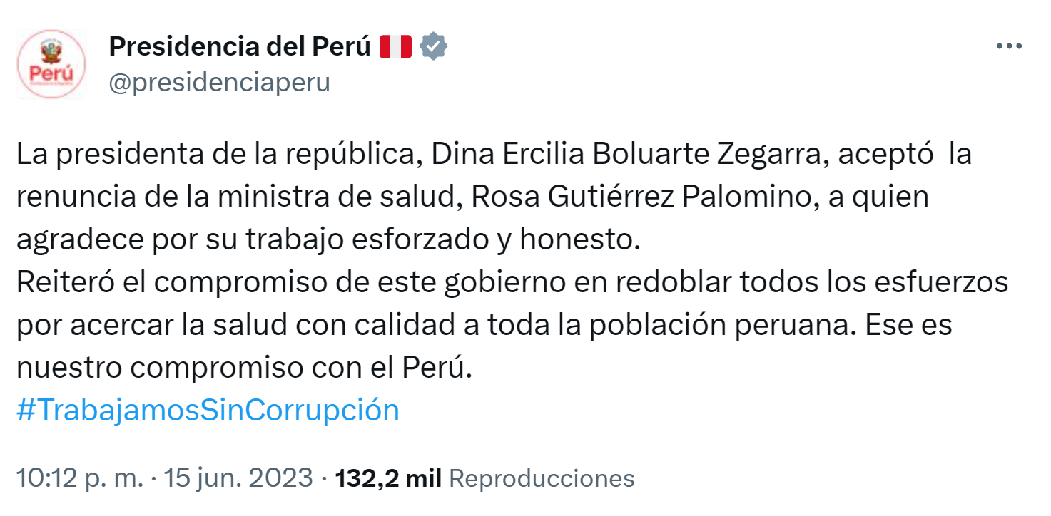Presidenta Boluarte acepta renuncia de ministra Rosa Gutiérrez.