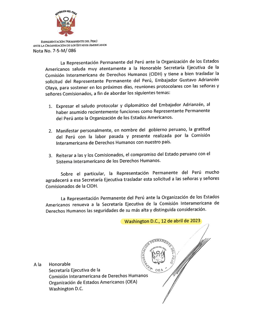 Carta de Gustavo Adrianzén a la Secretaría Ejecutiva de la CIDH